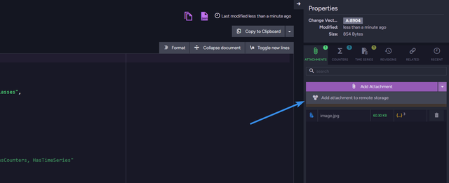 Document attachments tab in RavenDB Studio with the expanded dropdown showing the Add attachment to remote storage option