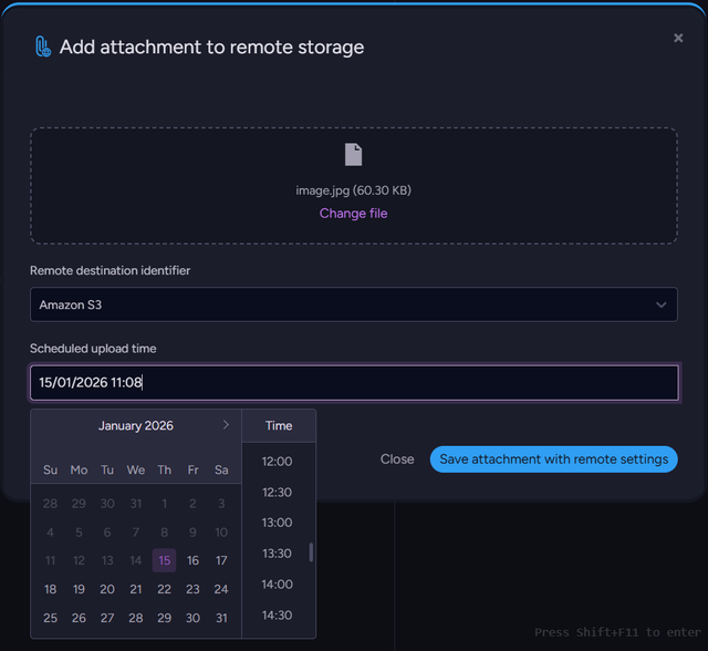 Remote attachment upload dialog showing destination selection and scheduled transfer time