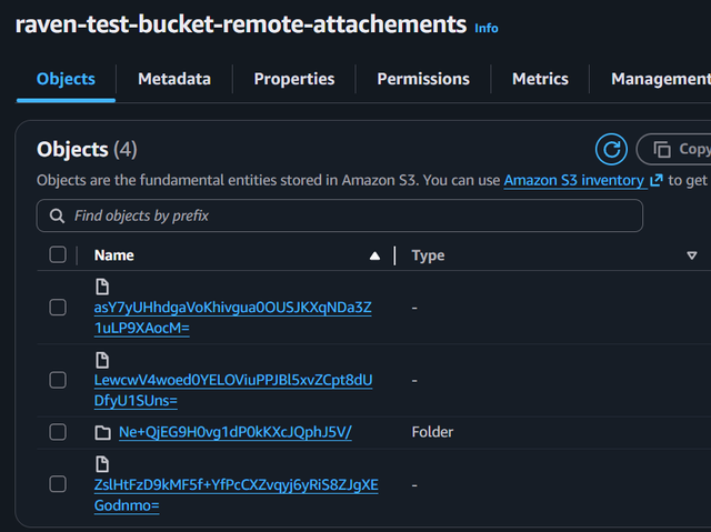 RavenDB Studio showing an attachment that has been offloaded to Amazon S3 remote storage with a remote storage indicator