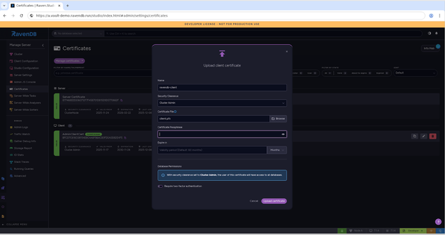 RavenDB Studio upload client certificate dialog showing Name, Security Clearance, and certificate file fields