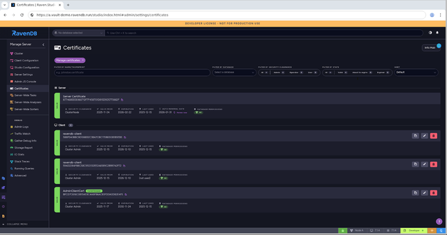 RavenDB Studio certificate management view showing two certificate entries with different thumbprints under the same identity