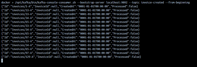Kafka terminal output showing invoice-created messages after the RavenDB subscription worker ran