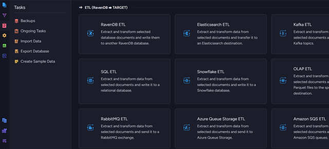 RavenDB Studio Ongoing Tasks panel showing available ETL task types including RabbitMQ and Kafka