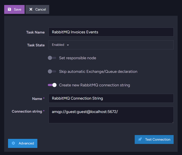 RavenDB Studio RabbitMQ ETL connection string configuration form