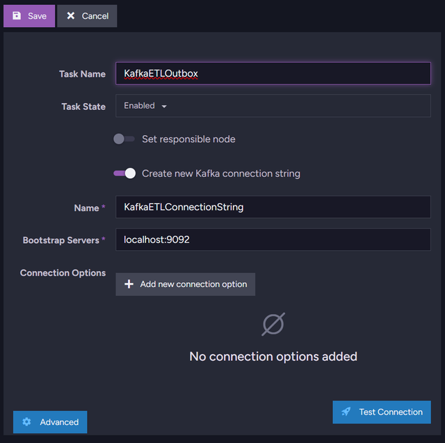 RavenDB Studio Kafka ETL connection string form with bootstrap server address field