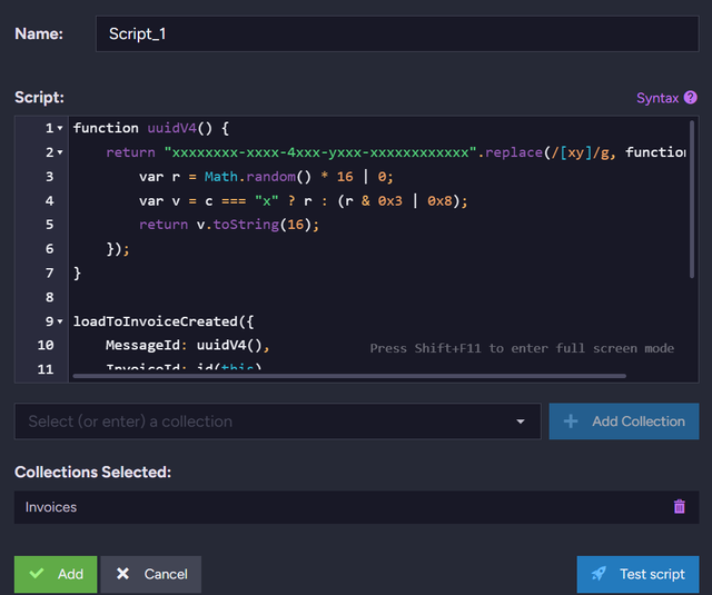 RavenDB Studio ETL transformation script editor showing the loadToInvoiceCreated function with Invoices collection selected