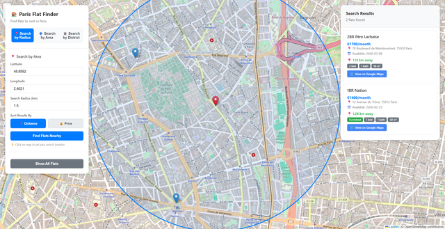 Radius search result showing two flats within the selected distance in Paris
