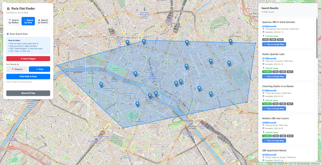 Custom polygon drawn on the Paris map for shape-based flat search