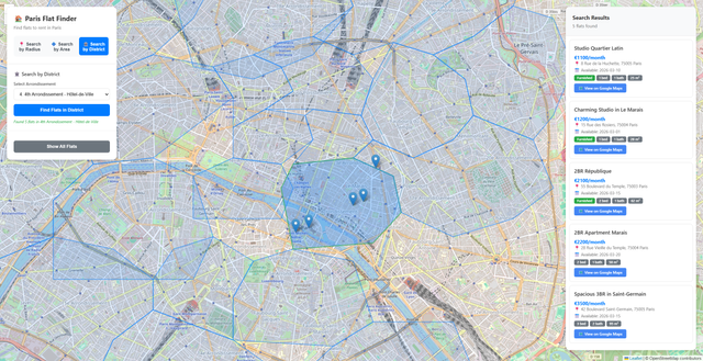 Paris district overlays shown on the map for selecting arrondissement boundaries