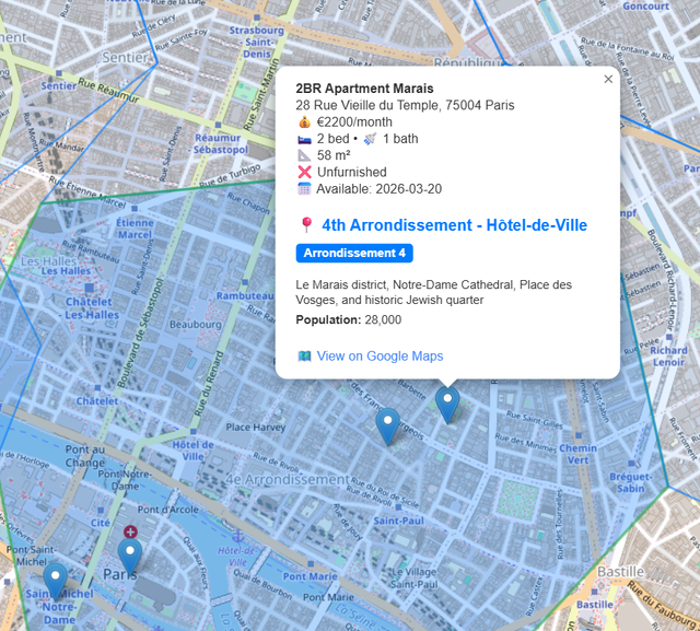 Flat detail showing reverse search result identifying the 4th Arrondissement