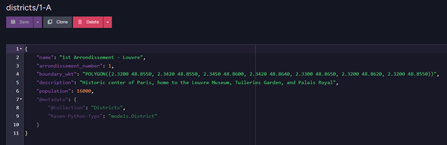 District document structure showing name, population, and boundary_wkt fields