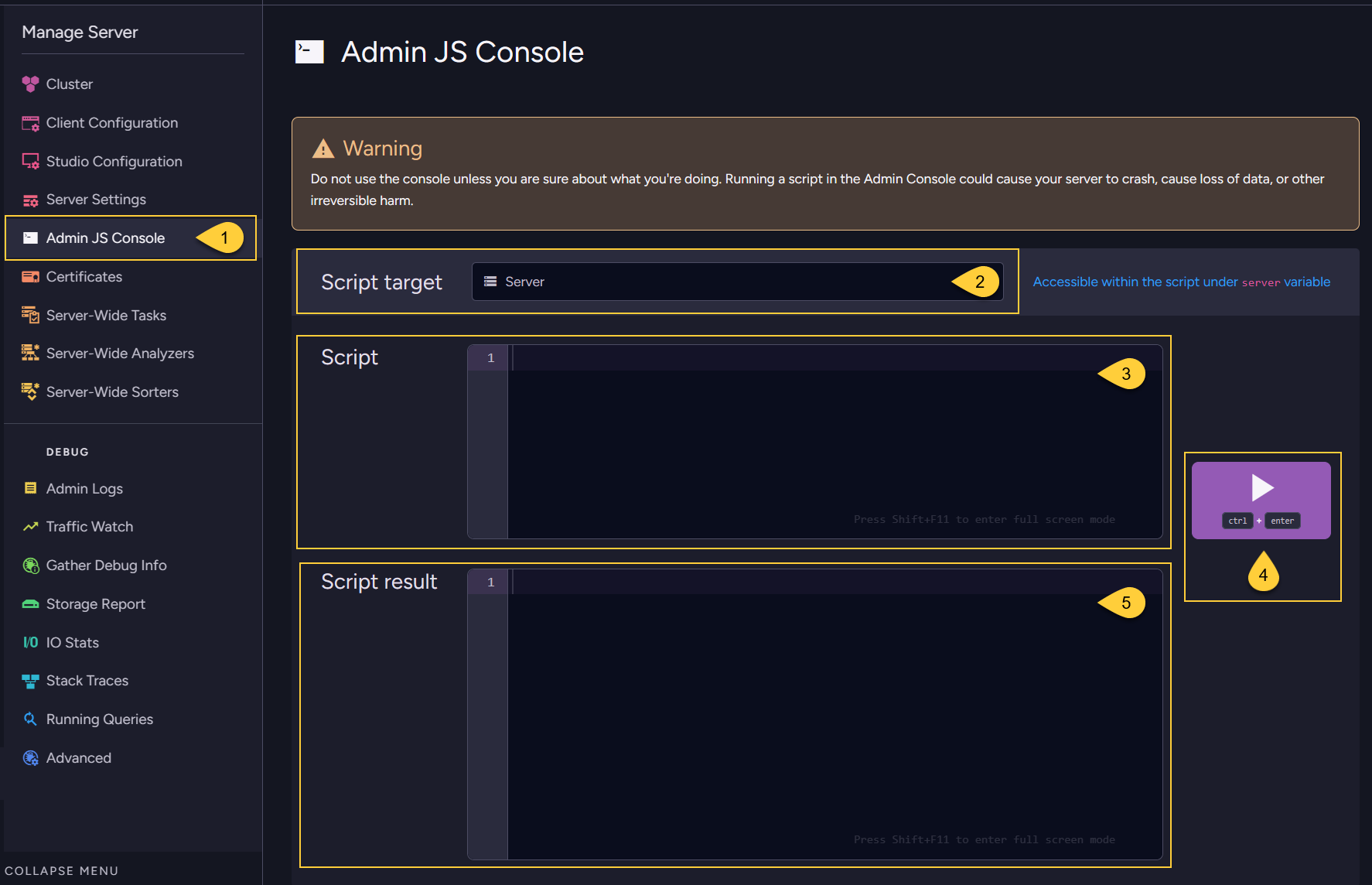 NoSQL DB Server Debug - Admin JS Console