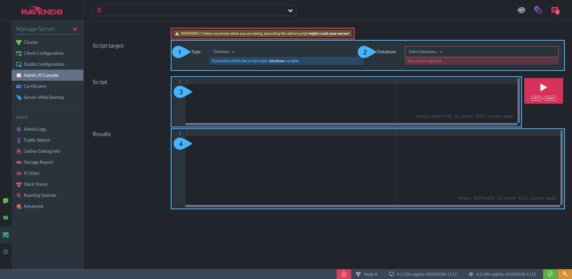 NoSQL DB Server Debug - Admin JS Console