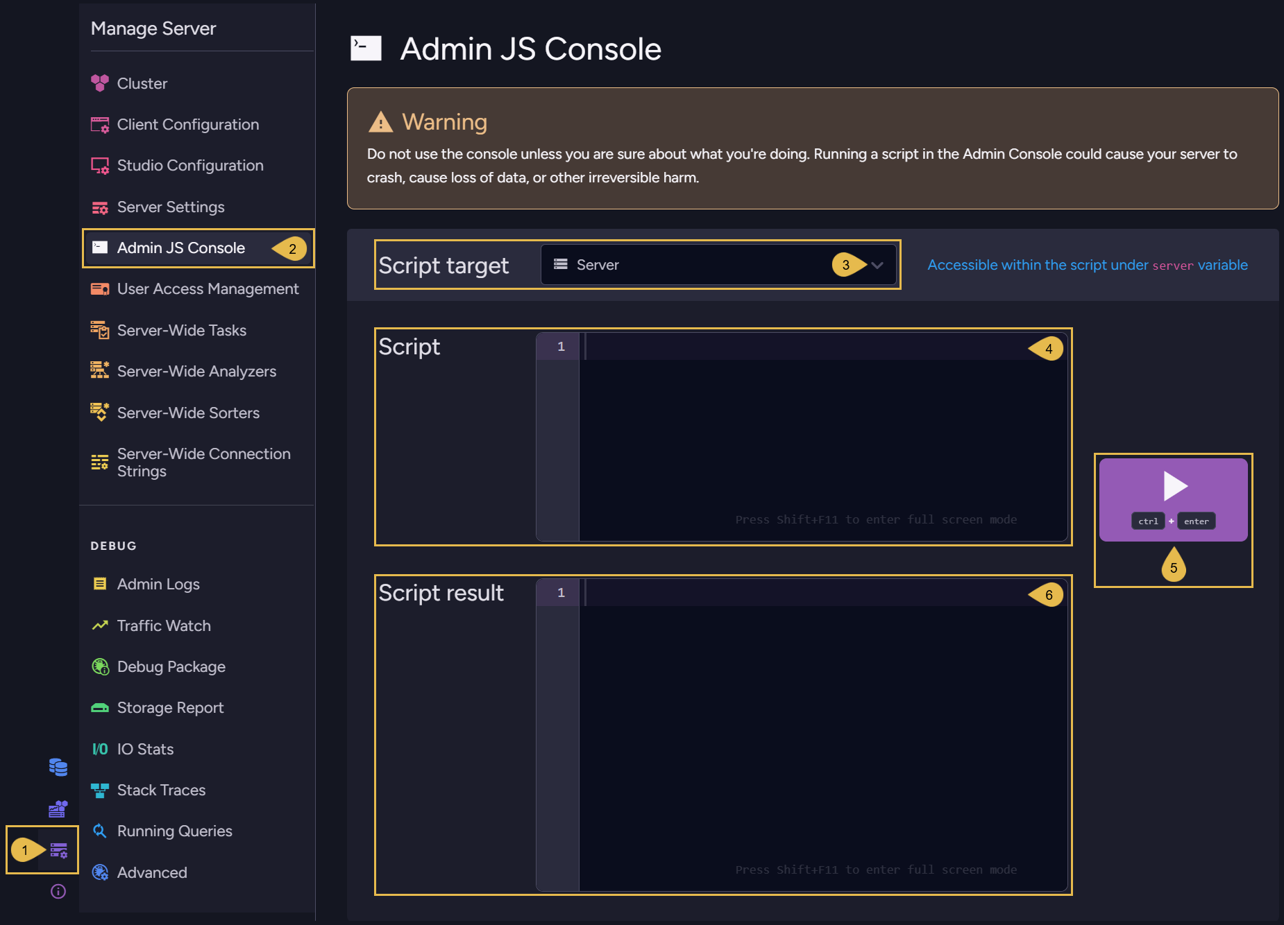 NoSQL DB Server Debug - Admin JS Console