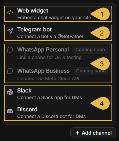 The Add channel menu