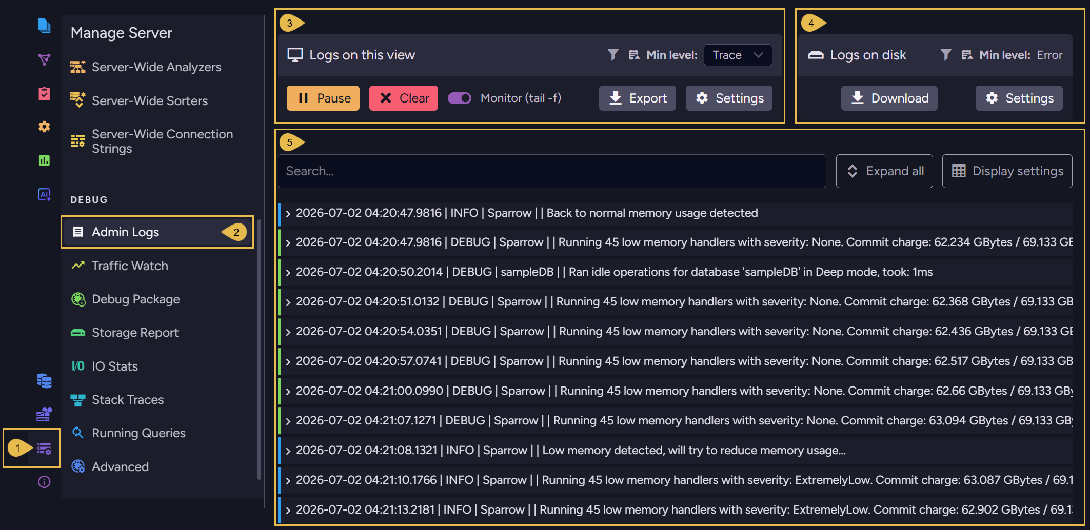 The Admin Logs view