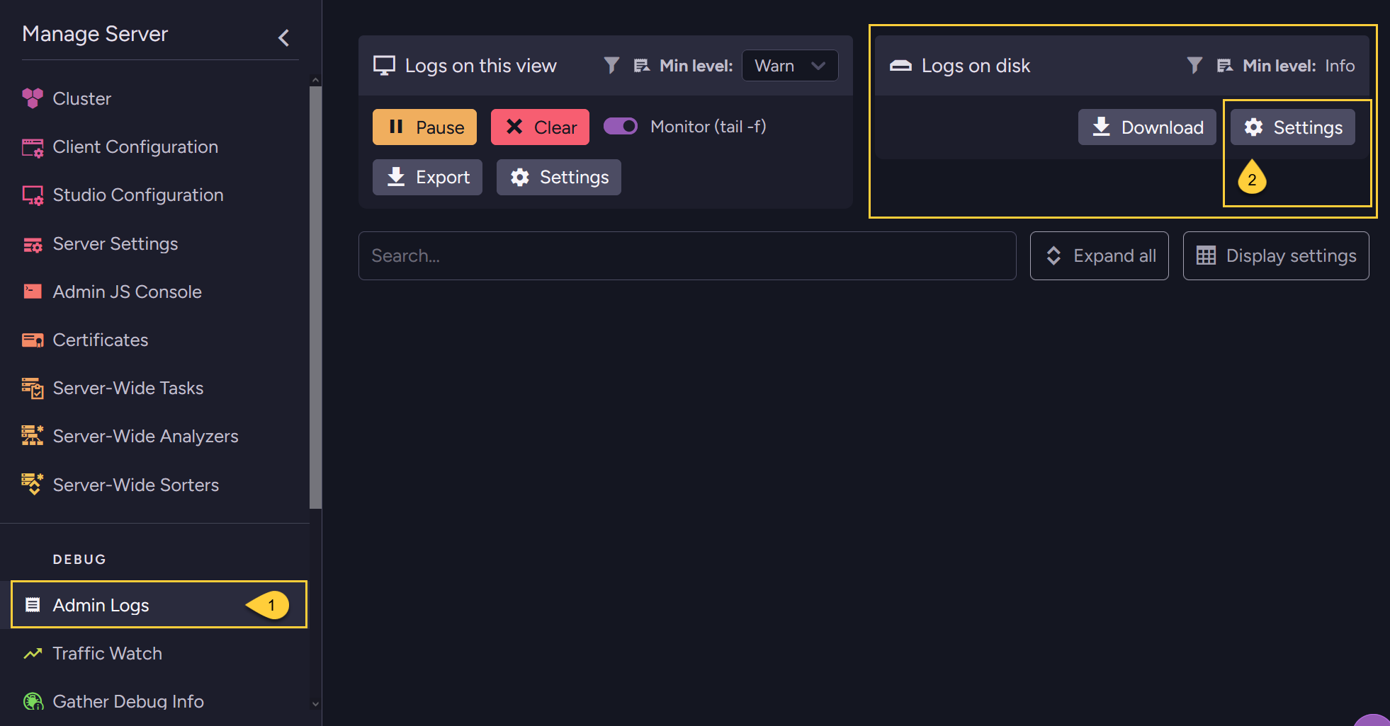 Admin logs view