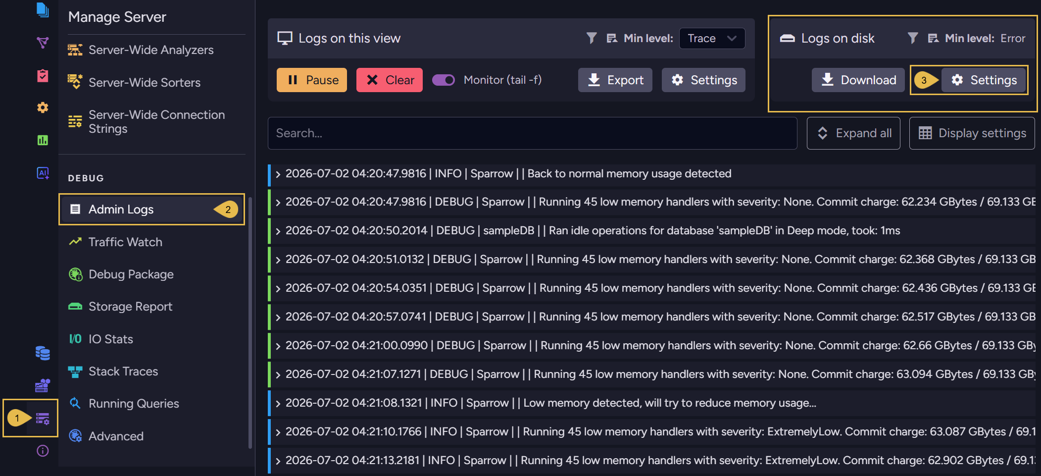Admin logs view