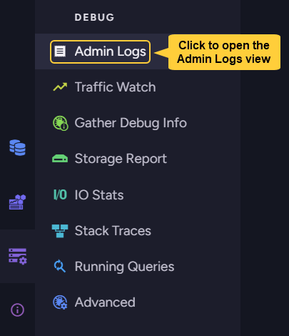 Click to open the Admin Logs view