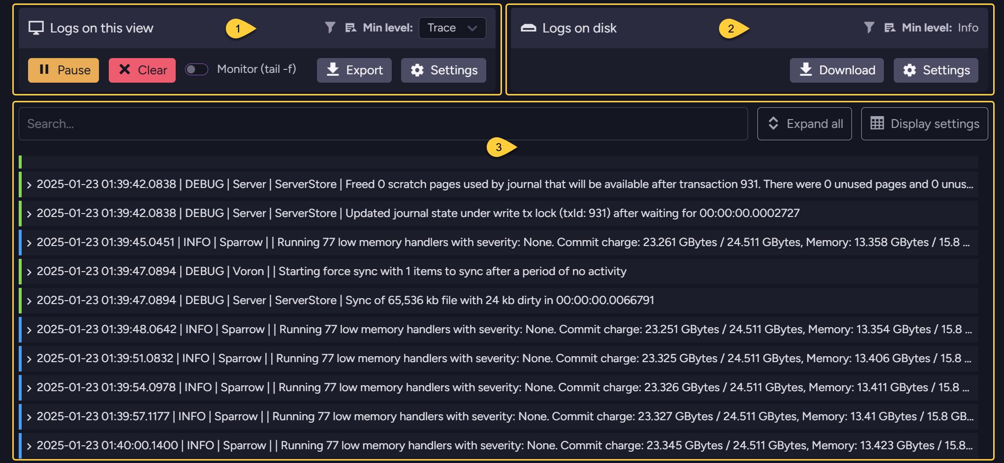 Admin Logs view
