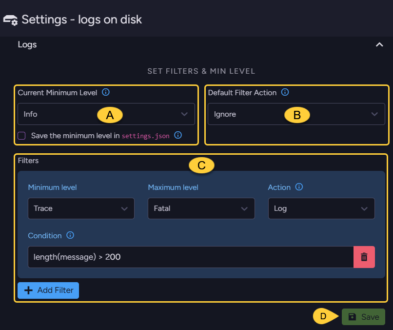 Logs on disk - Settings