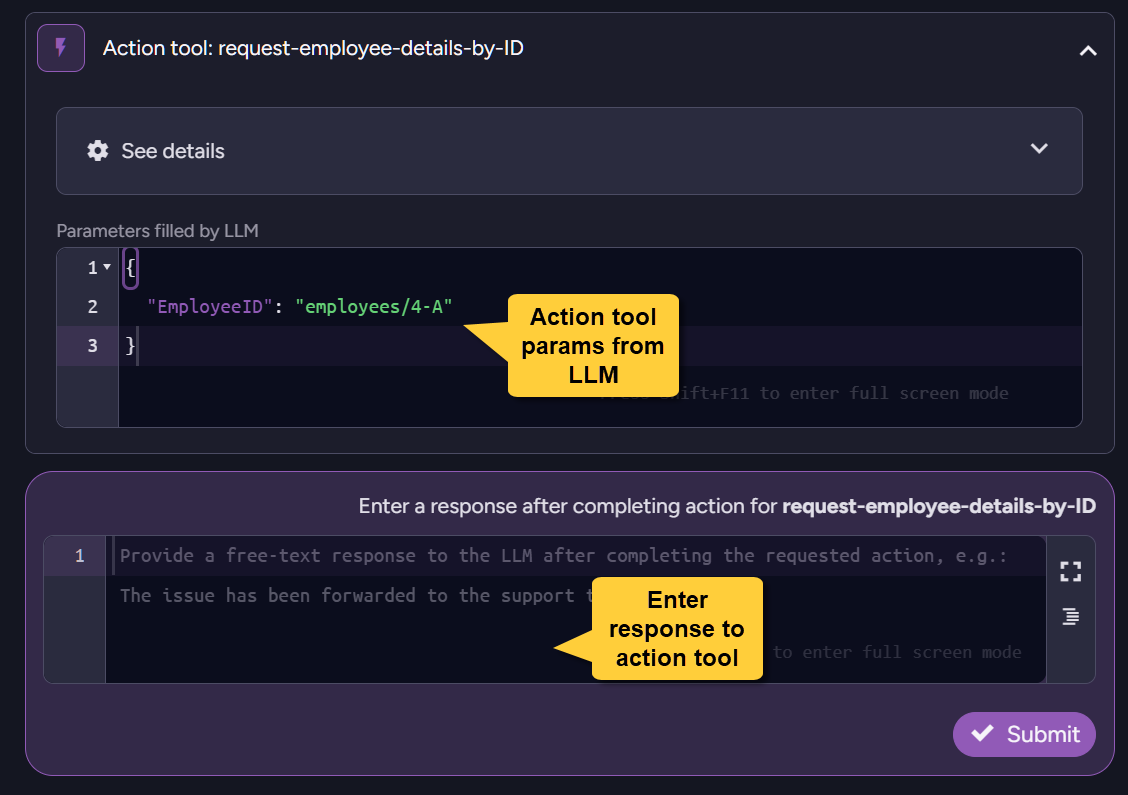 Action tool waiting for client response