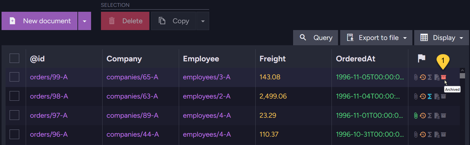 Archived document in list view