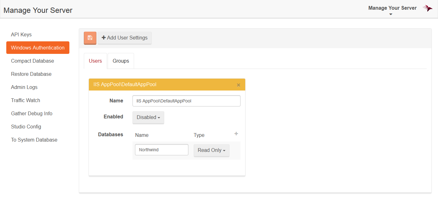 Figure 1: Windows Authentication settings