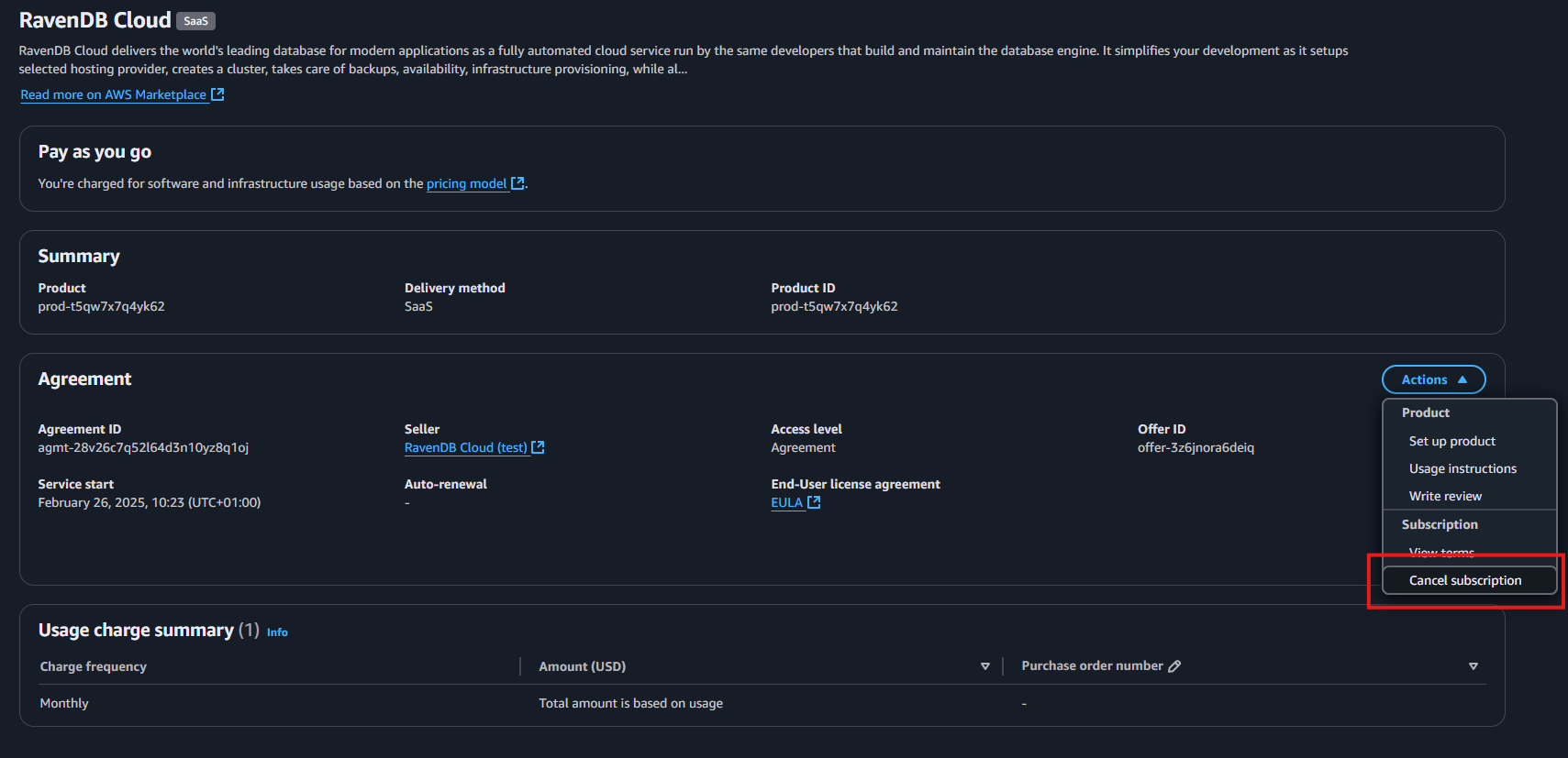 &quot;Figure 9 - AWS marketplace subscription cancellation action&quot;