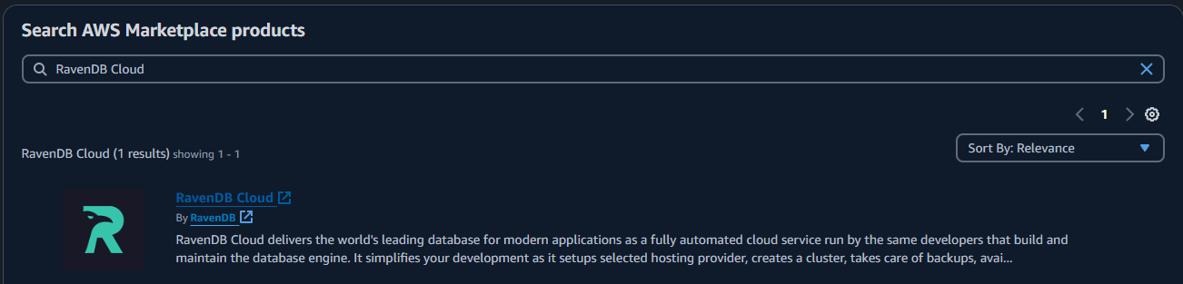 &quot;Figure 1 - RavenDB Cloud product in AWS Marketplace&quot;
