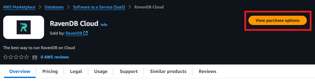 &quot;Figure 2 - Main page of the RavenDB Cloud offer in AWS Marketplace&quot;