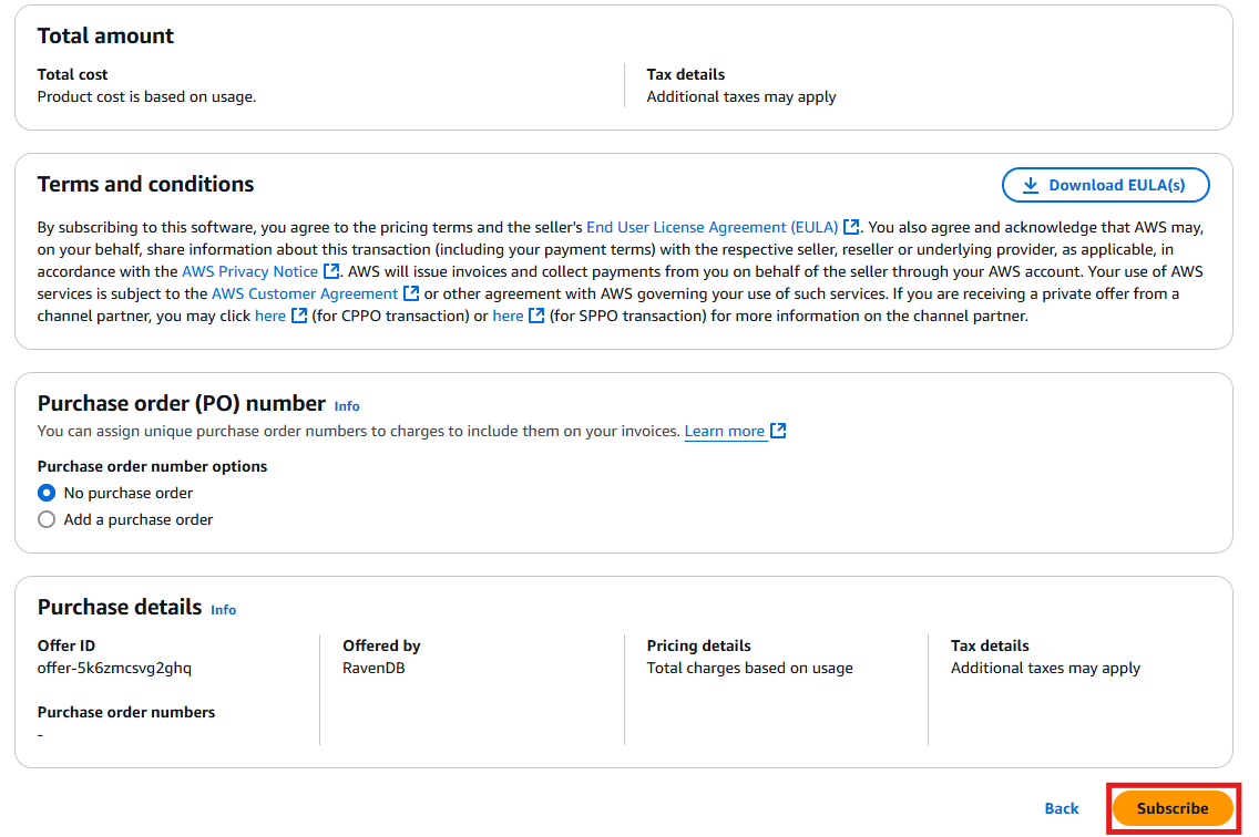 &quot;Figure 3 - Subscribe to RavenDB Cloud offer in AWS Marketplace&quot;