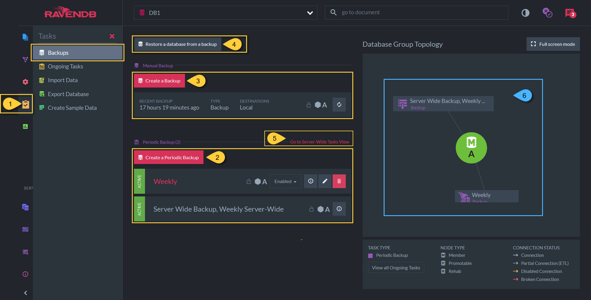 NoSQL Database Studio Backups View
