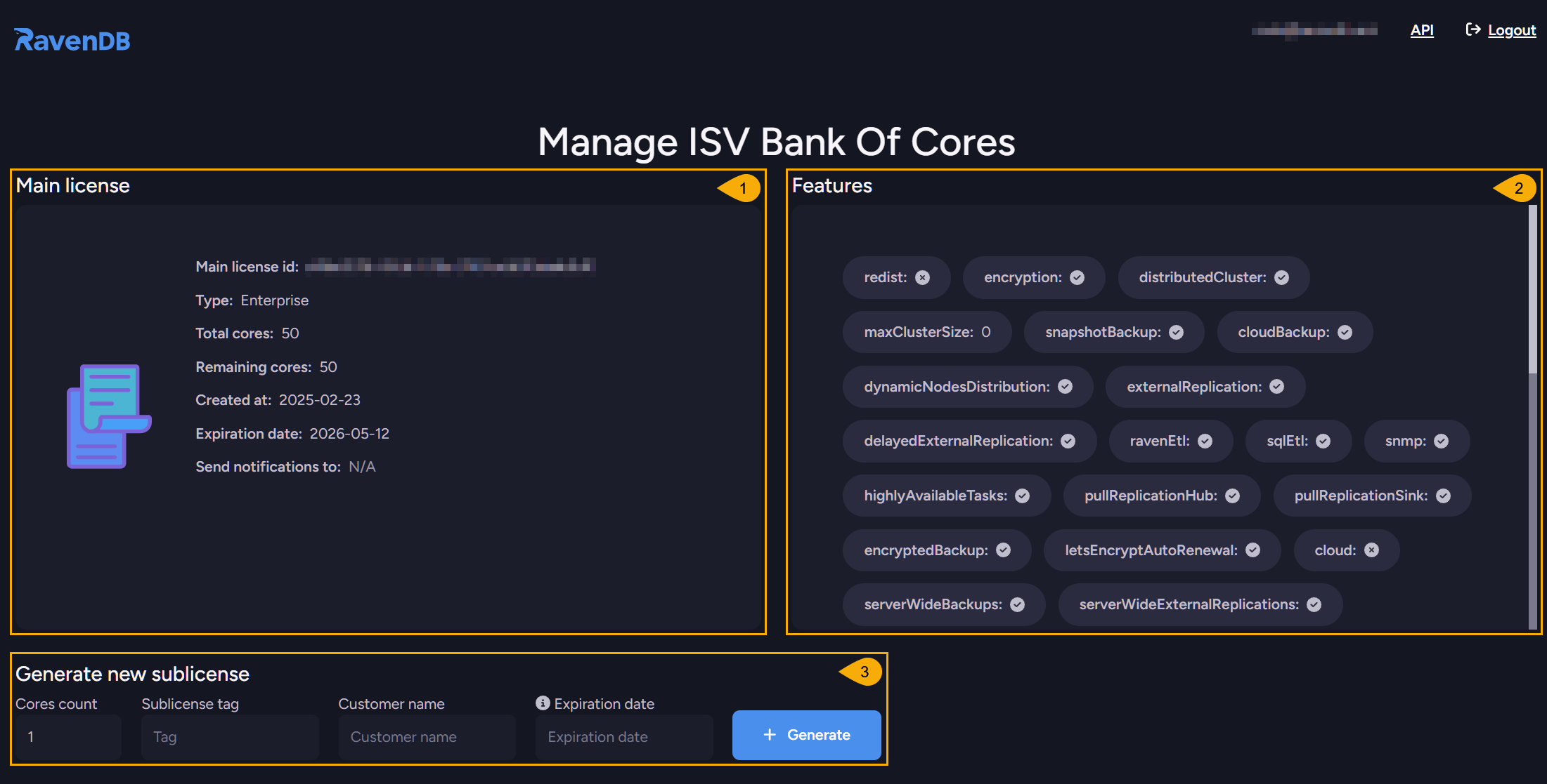 License generation management page