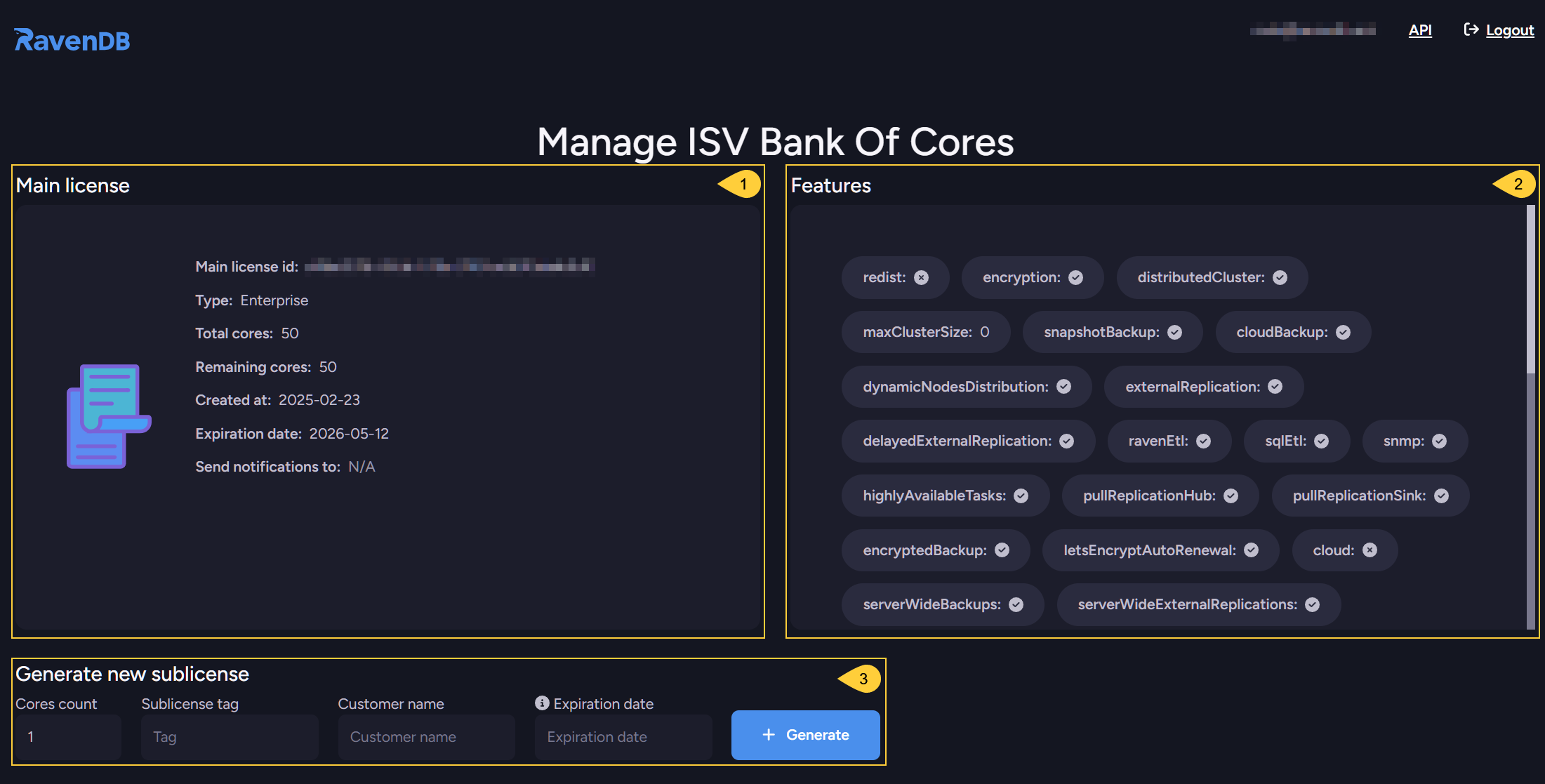 License generation management page