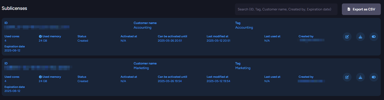 Sublicenses list