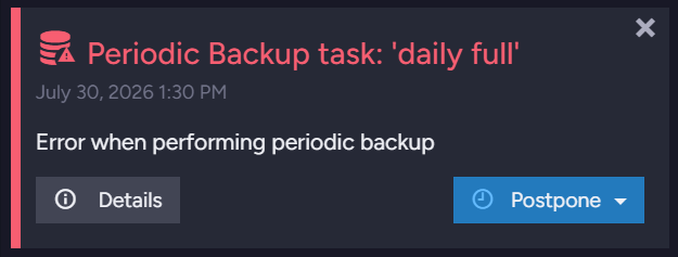 An alert raised for a failed backup task