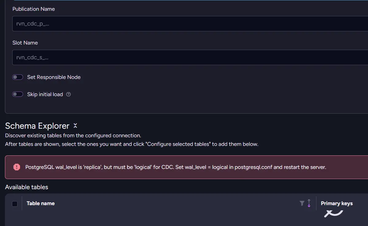 RavenDB Studio's Verify step flagging that PostgreSQL wal_level must be set to logical