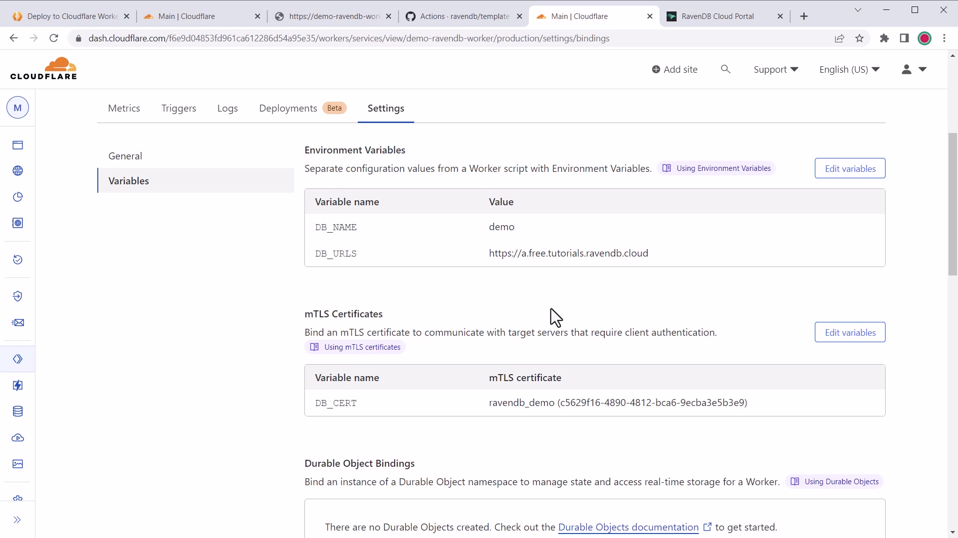 Cloudflare Worker environment variables and settings