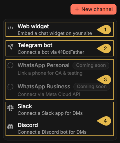 The New channel menu