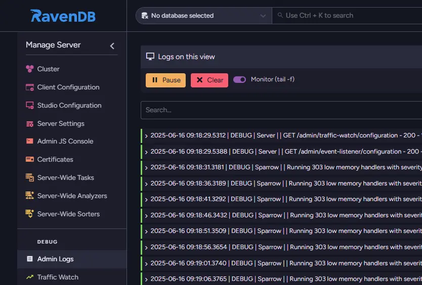 Admin Logs view in RavenDB 7.0 and later