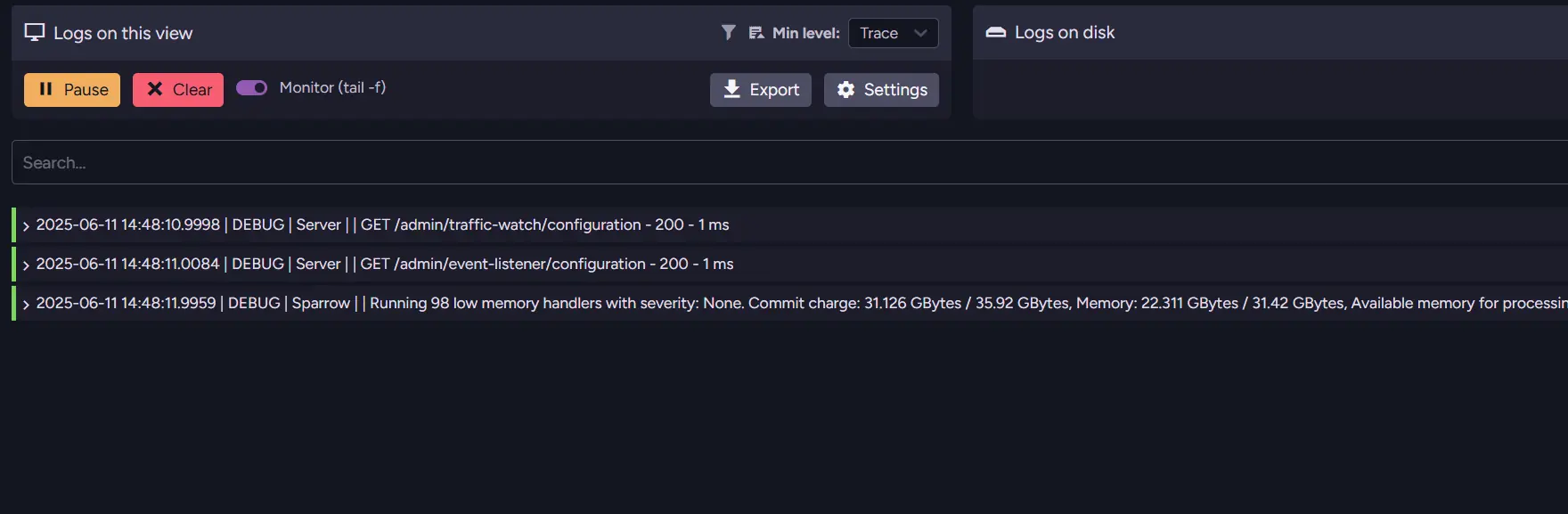 Filtering Admin Logs on this view by condition and log level