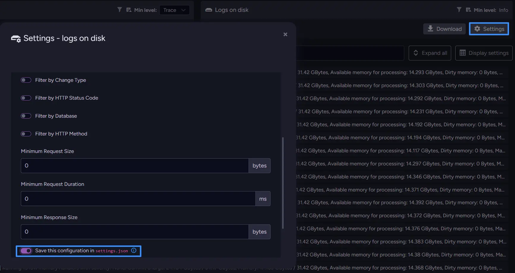 Logs on disk settings with Download button and Traffic Watch collection options