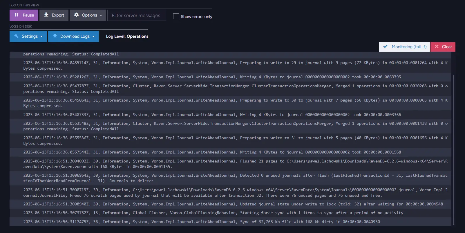 Admin Logs interface in RavenDB 6.2