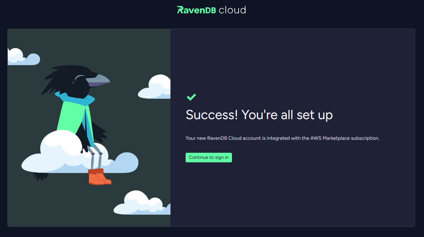&quot;Figure 6 - RavenDB Cloud AWS Marketplace Landing Page - successfully registration&quot;