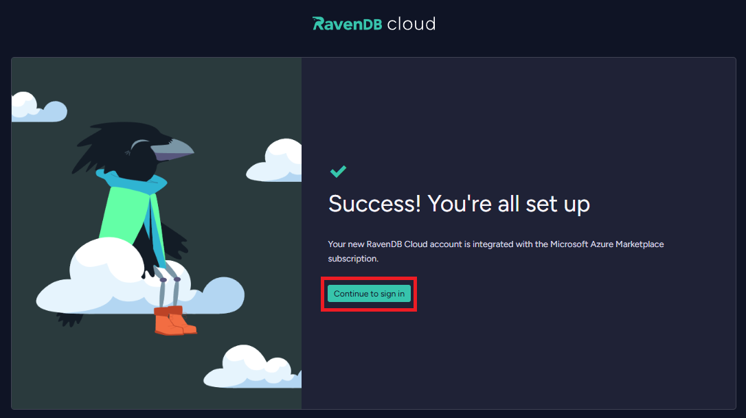 &quot;Figure 7 - RavenDB Cloud Azure Marketplace Landing Page - successfully registration&quot;