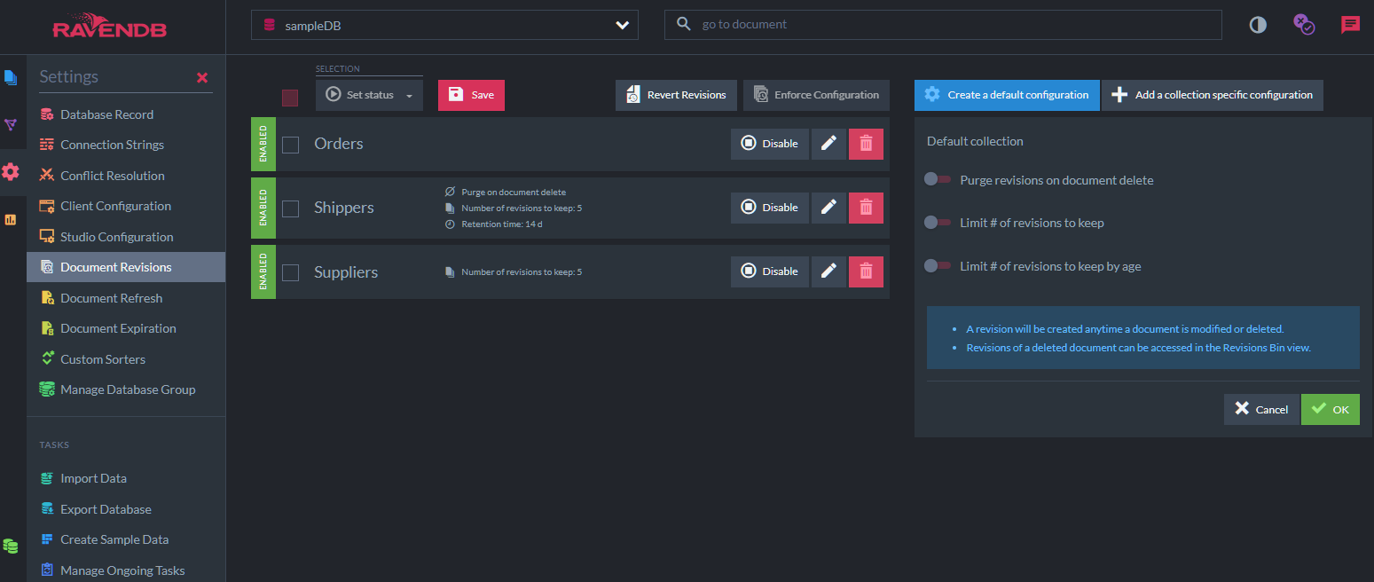 Configuring revisions feature on the database