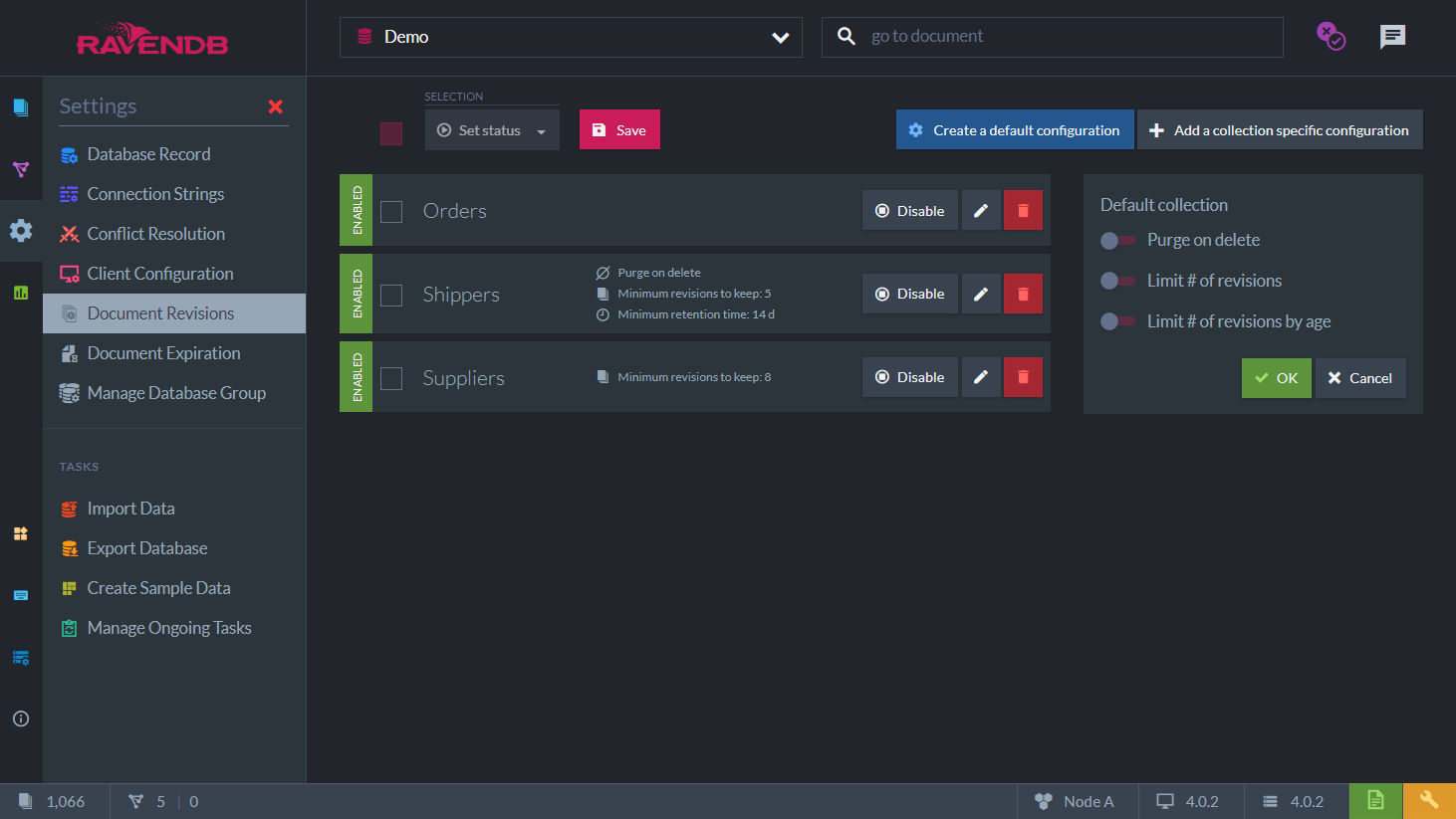 Configuring revisions feature on the database