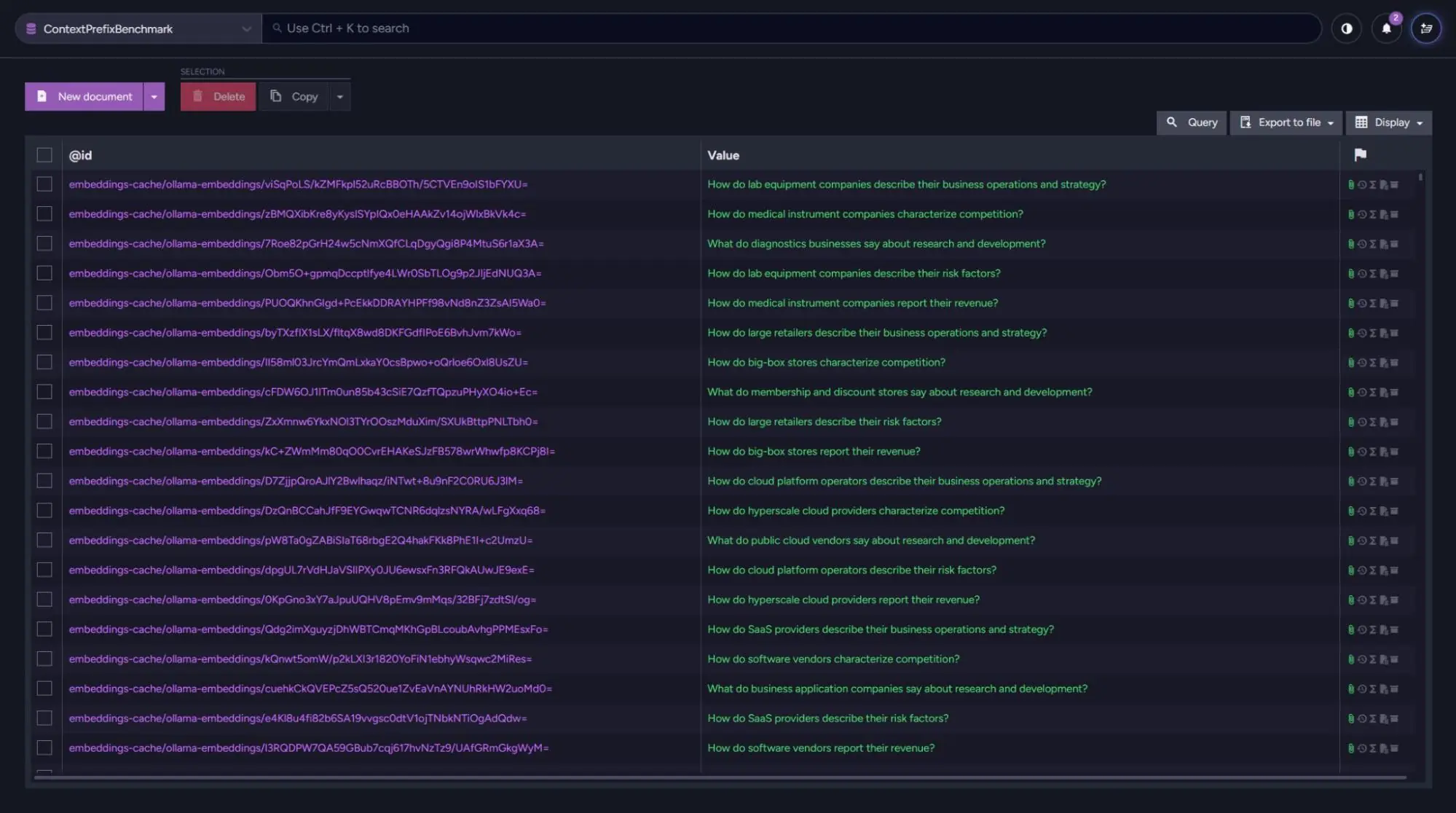 Two query sets used in the benchmark: per-company queries targeting a single company, and category queries where multiple companies can be relevant