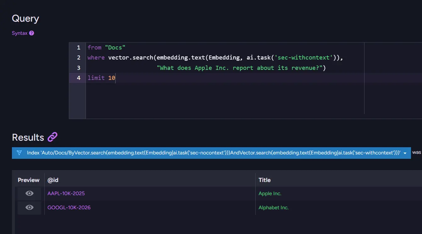 Search results with context prefix: same query returns only two documents and Apple ranks first